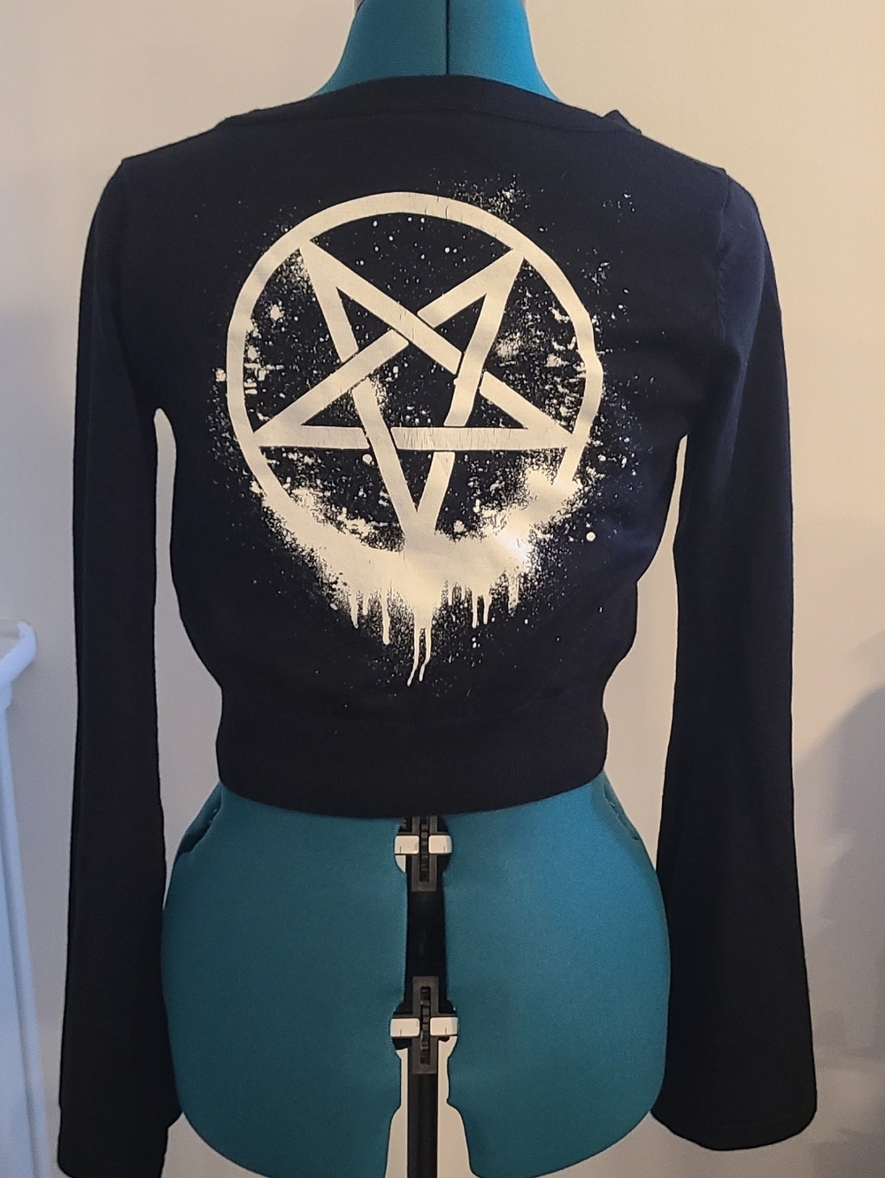 NWT Too Fast Gothic Black Pentagram Cropped Cardigan Bell Sleeves, Med - Picture 4 of 10